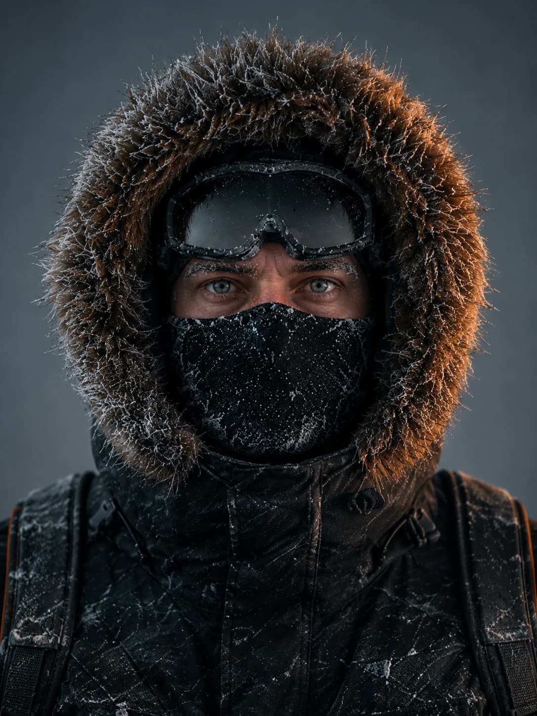 Character reference sheet — Arctic explorer Kai, front portrait with fur-lined hood and frosted snow goggles.