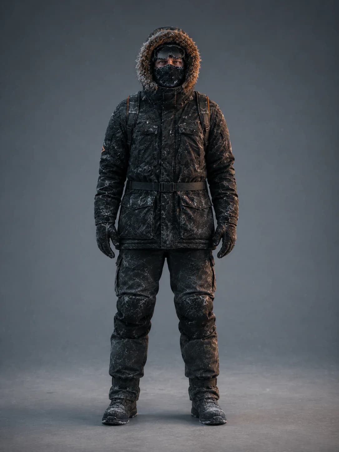Character reference sheet — Arctic explorer Kai, full-body front view in heavy expedition parka and snow trousers.