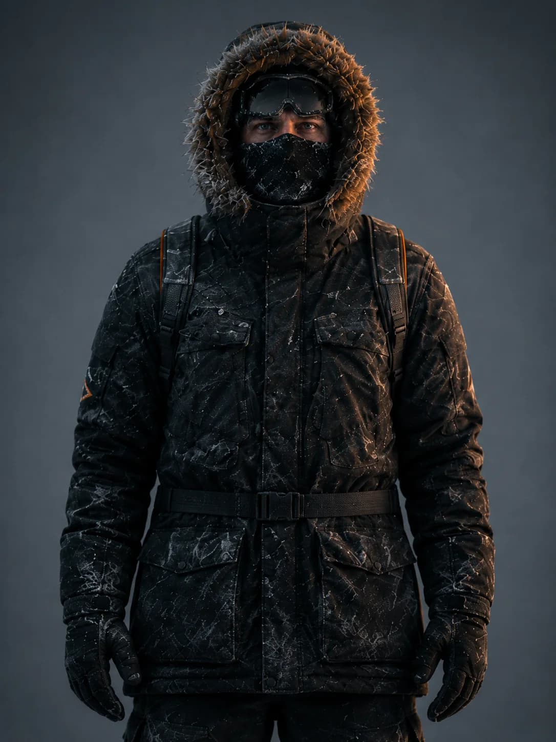 Character reference sheet — Arctic explorer Kai, three-quarter front view with backpack straps and orange trim showing.