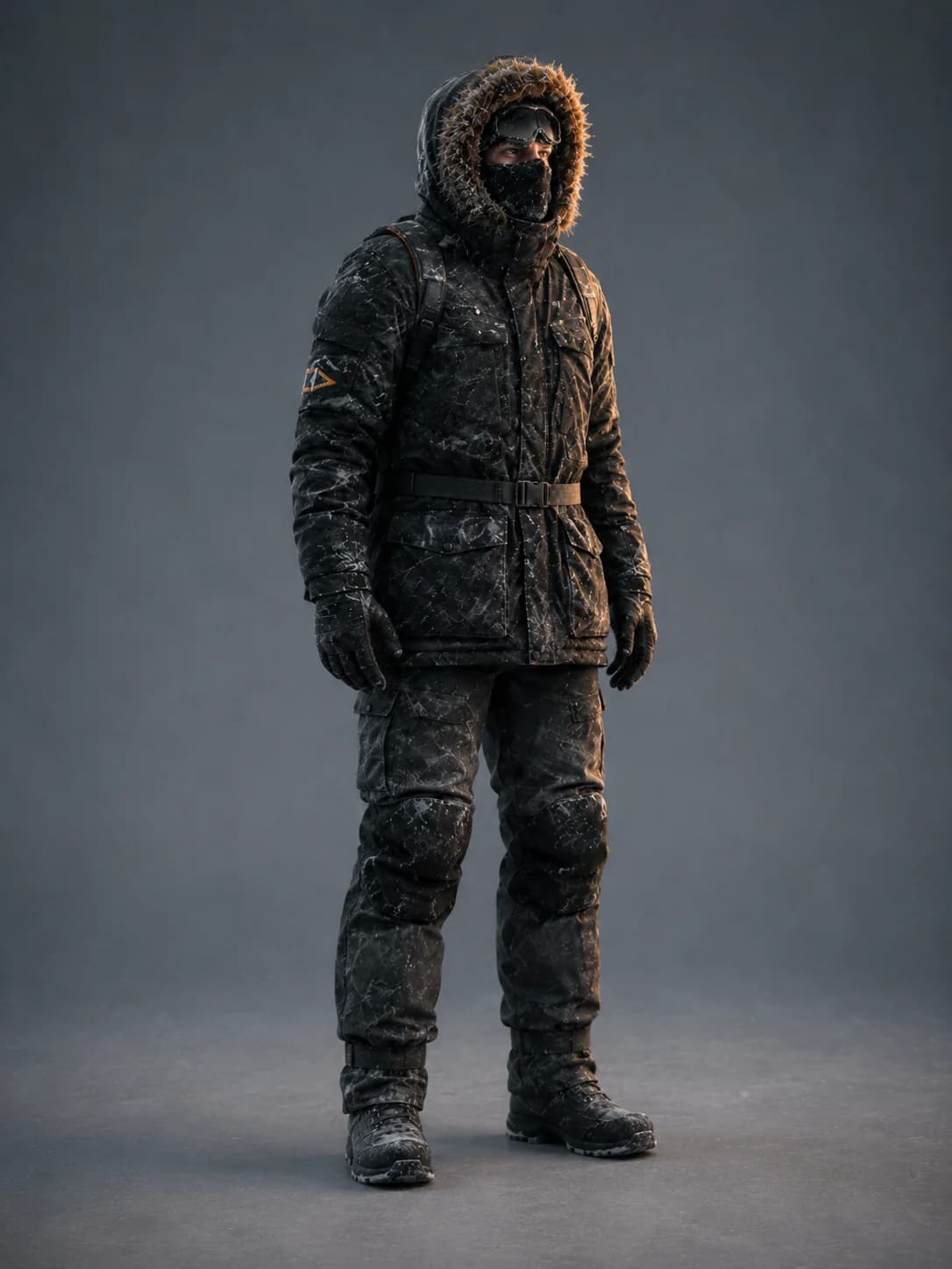 Character reference sheet — Arctic explorer Kai, three-quarter side view of the parka and trousers.