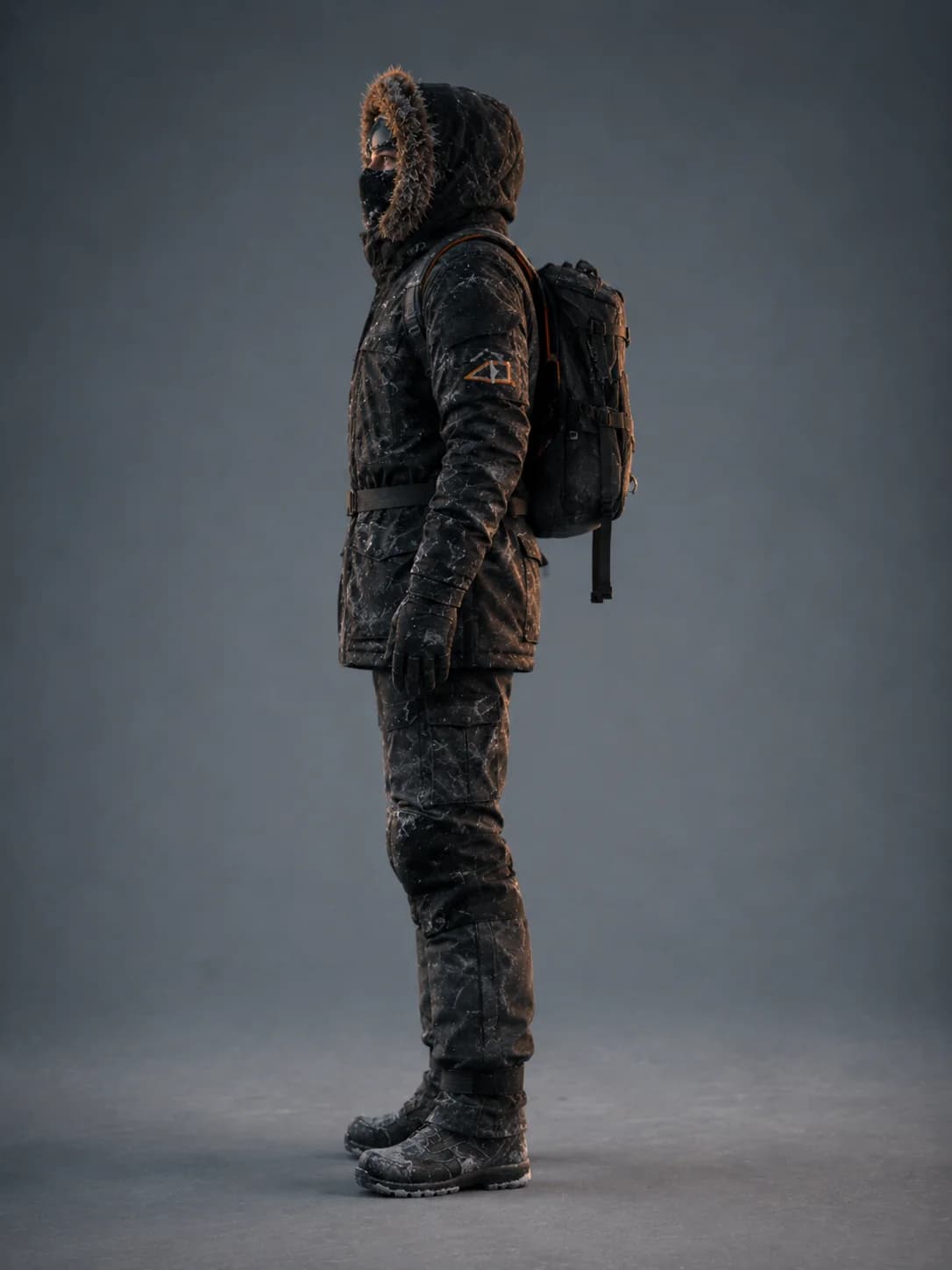 Character reference sheet — Arctic explorer Kai, full side profile with backpack visible.