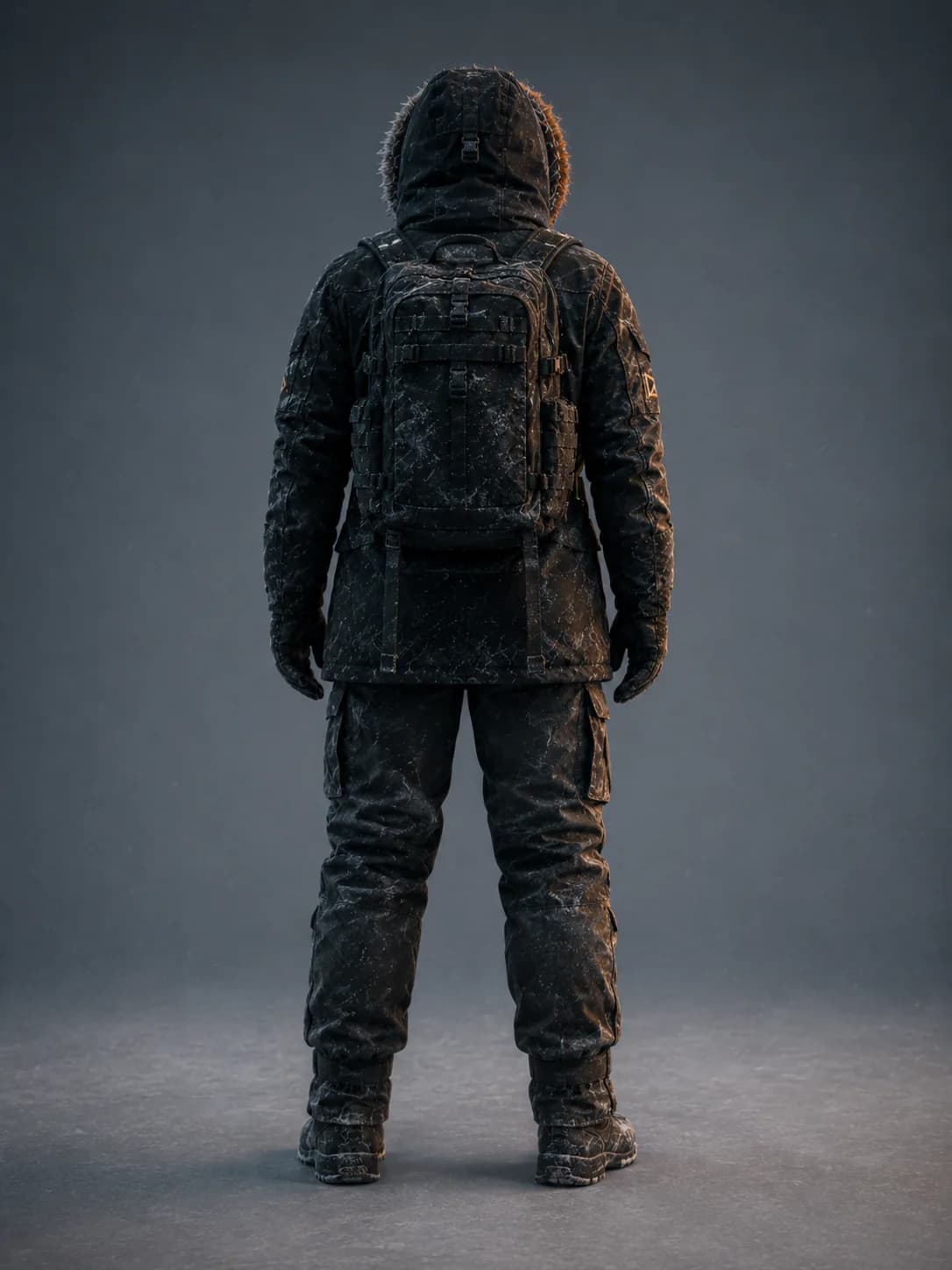Character reference sheet — Arctic explorer Kai, full back view showing pack and rigging.