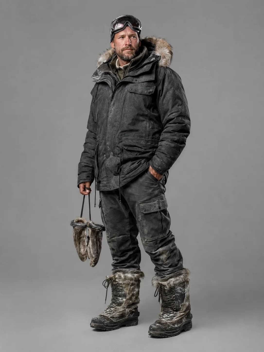 Character card extracted by Storytella's script breakdown — full-length studio reference of an Arctic explorer in a fur-trimmed parka and snow trousers, holding a pair of fur mukluks.