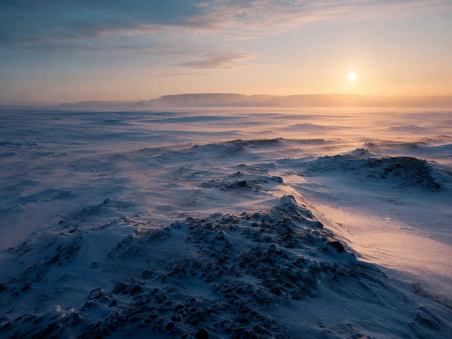 Location card — wind-swept Arctic plain at dawn with a low sun cresting distant cliffs and snow drifts in the foreground.