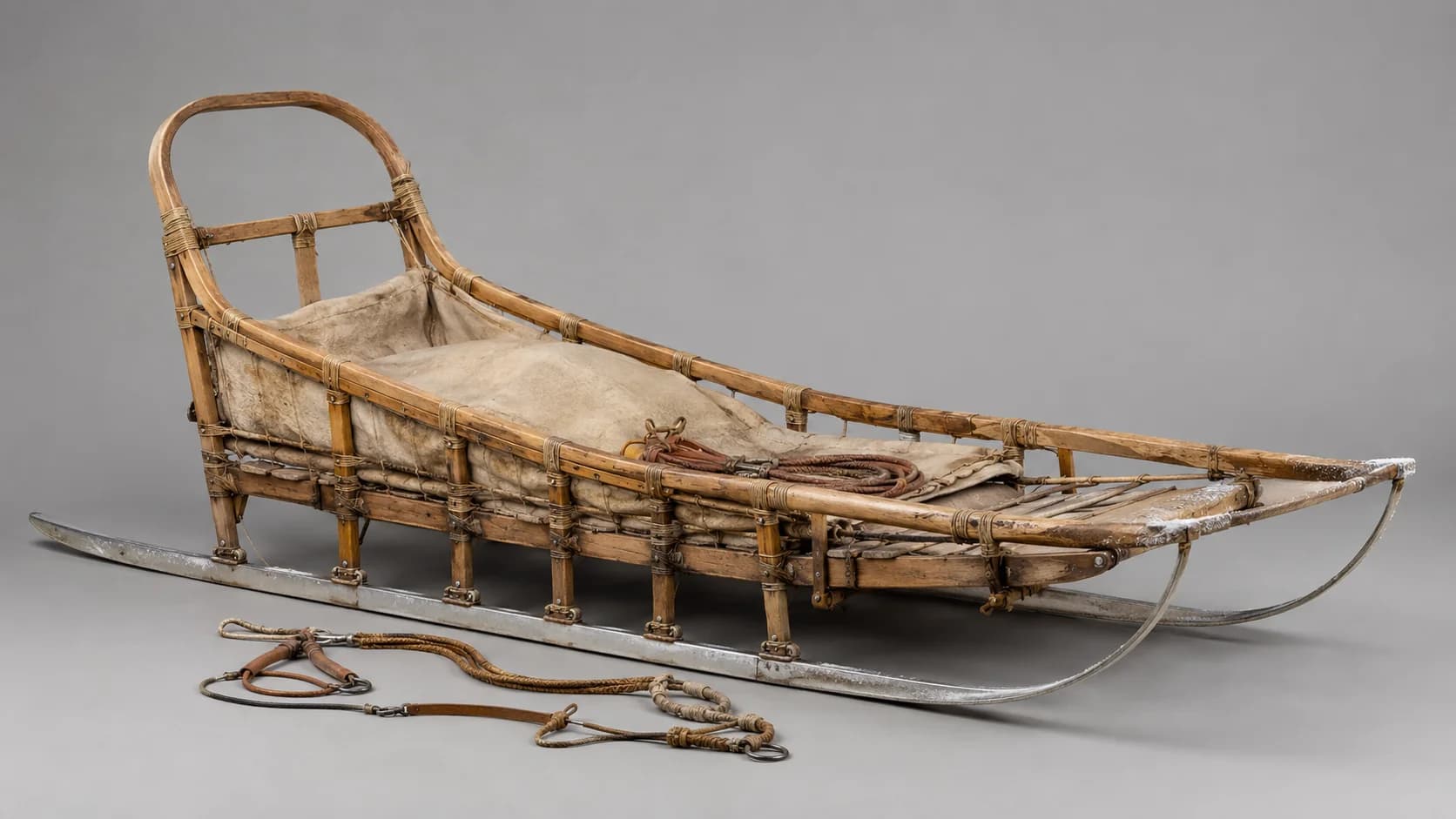 Prop card — vintage wooden dog sled with leather harness and traces, photographed against a neutral studio backdrop.