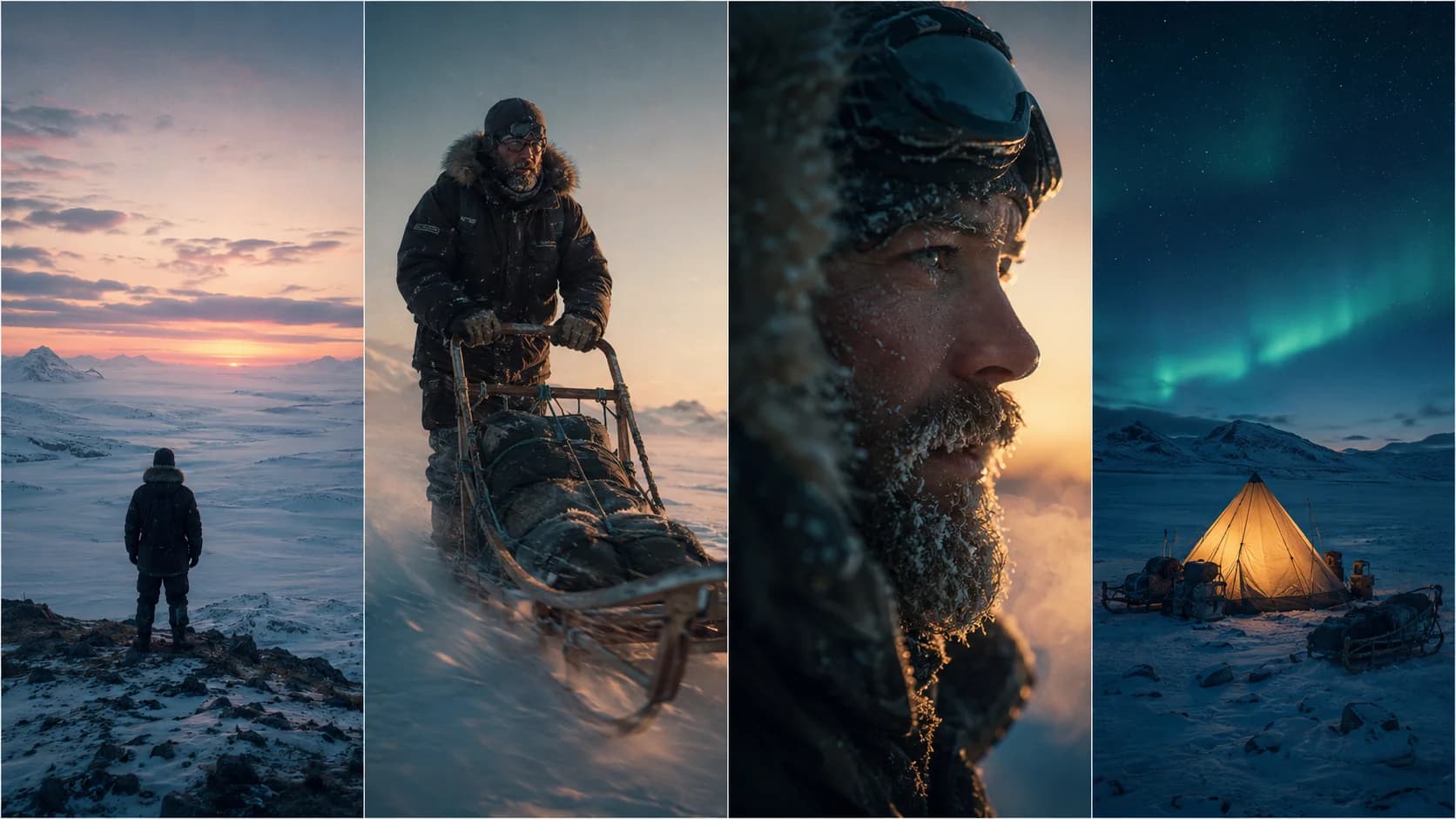 Four scene thumbnails extracted from a screenplay — an explorer at sunset, a musher pushing a dog sled, a frostbitten close-up, and a glowing tent under the northern lights.
