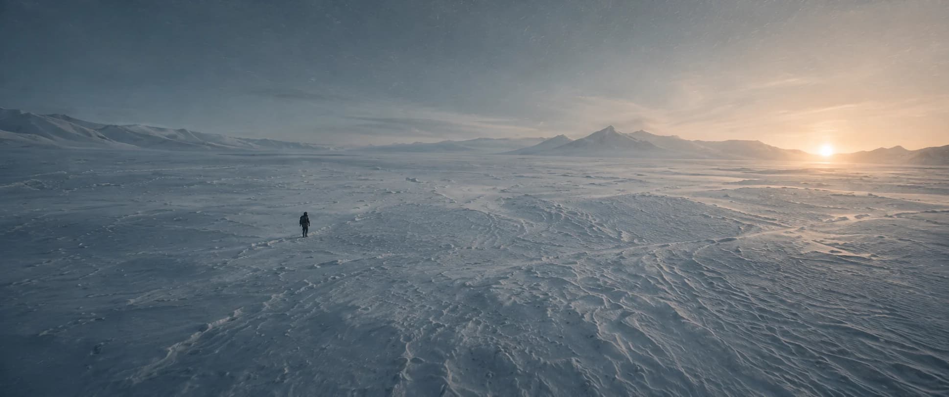 Storyboard frame — wide aerial of a lone explorer crossing a wind-carved snow plain at golden hour.