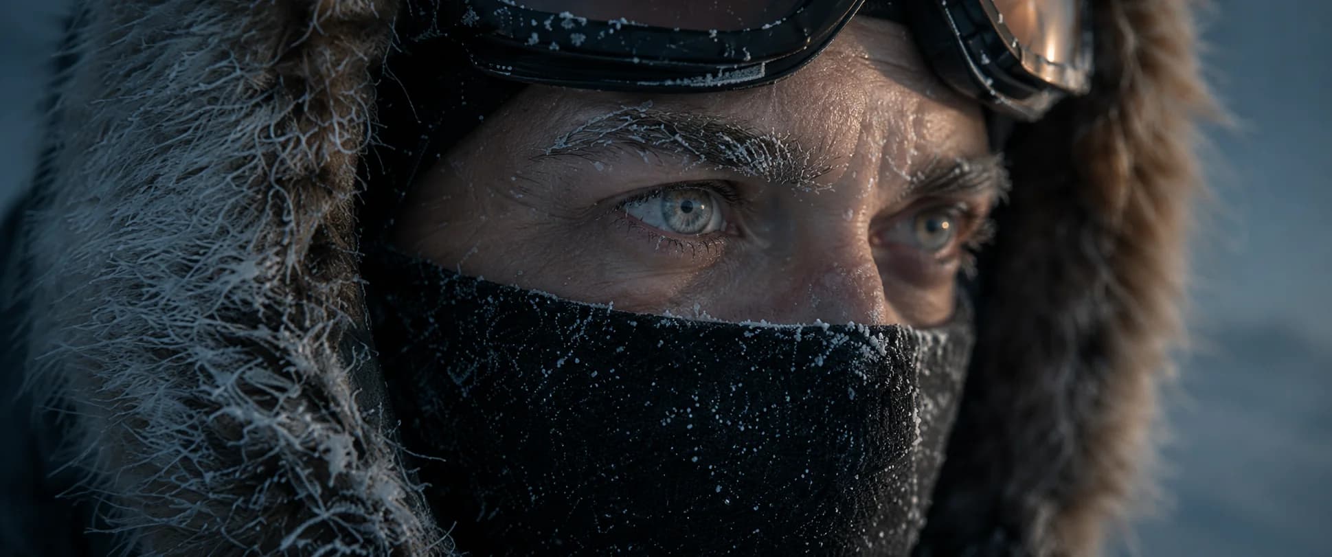 Storyboard frame — extreme close-up of weathered eyes above a frozen face mask, goggles pushed up on the forehead.
