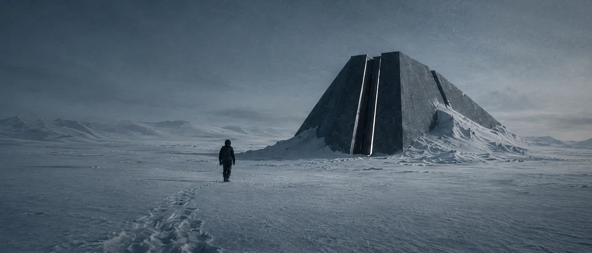 Storyboard frame — wide tracking shot of an explorer walking toward a massive black monolith, footprints trailing behind.