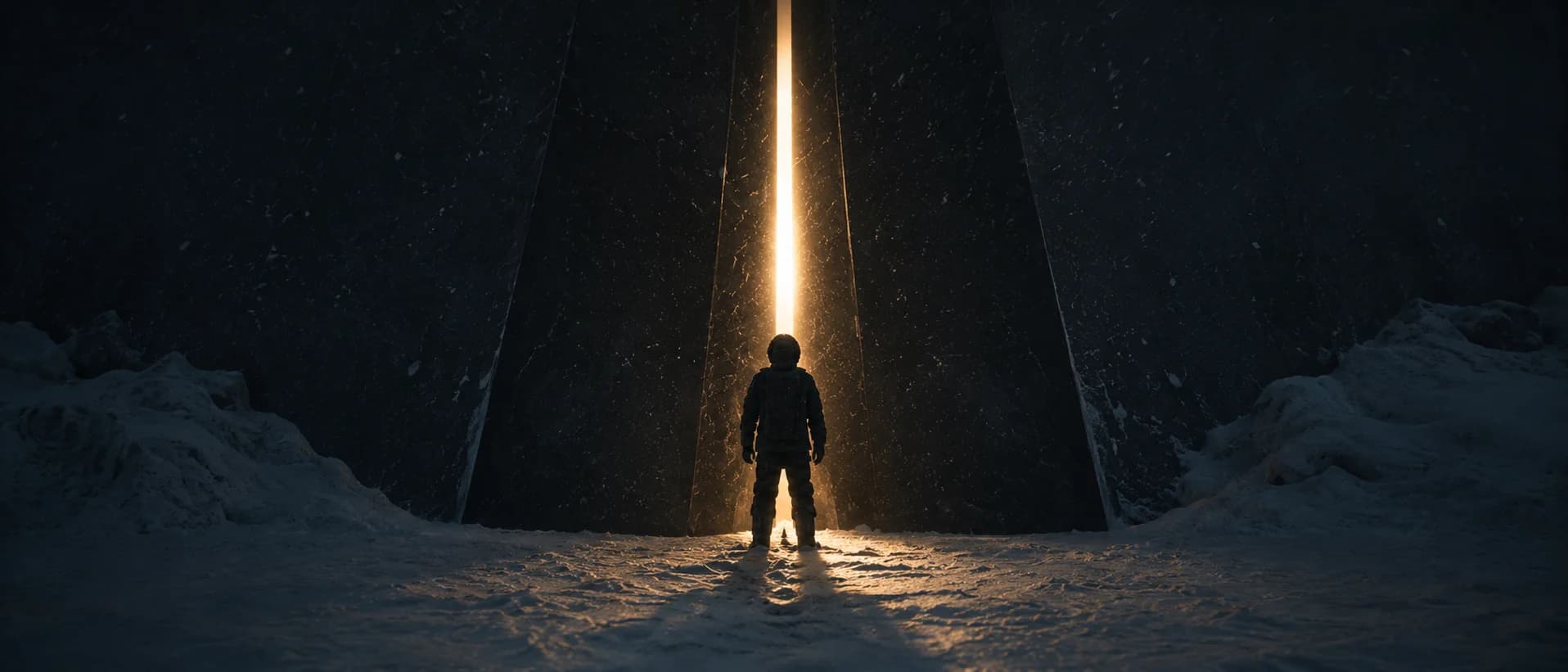 Storyboard frame — silhouette of an explorer dwarfed inside a narrow lit slot in a monolith's wall, golden light spilling across the snow.