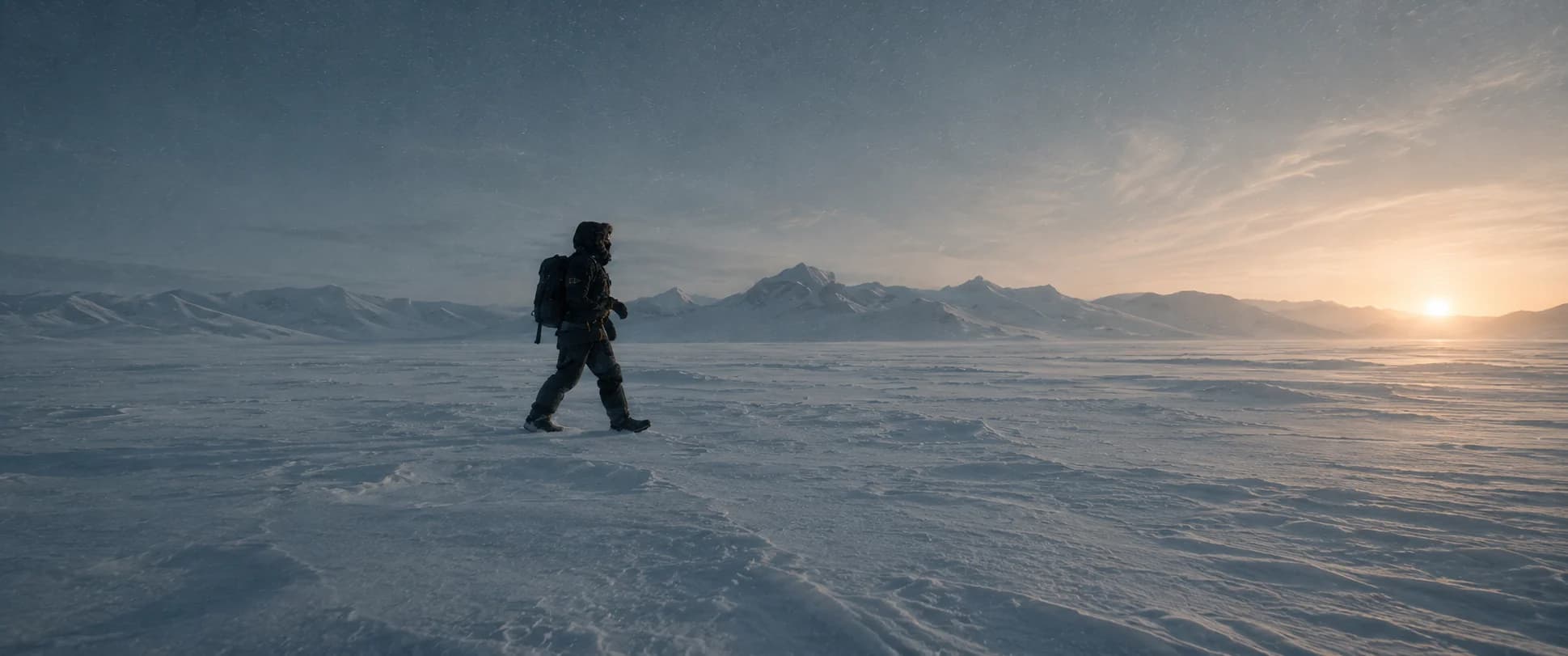 Storyboard frame — medium tracking shot of a hooded explorer with a backpack pushing through powder at sunset.