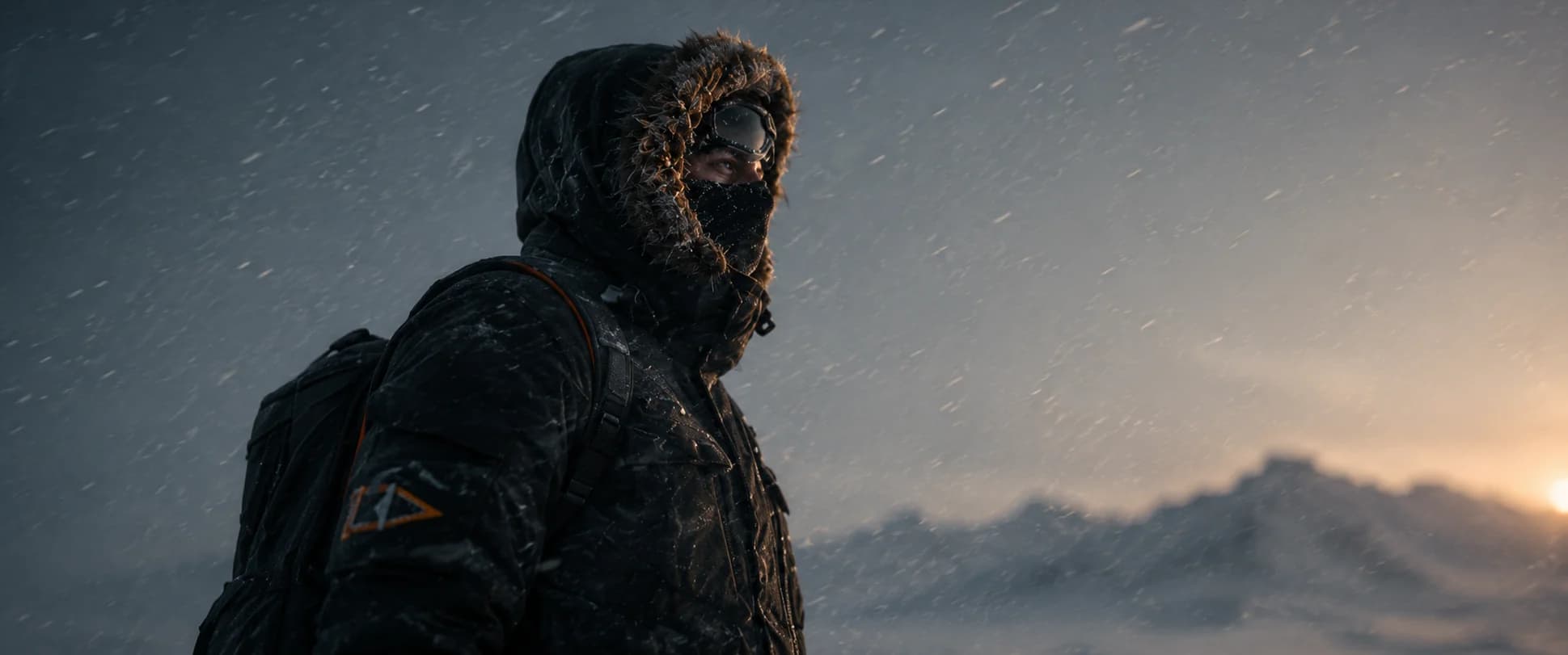 Storyboard frame — medium profile of an explorer in snow goggles and frosted hood against a dark mountain range.