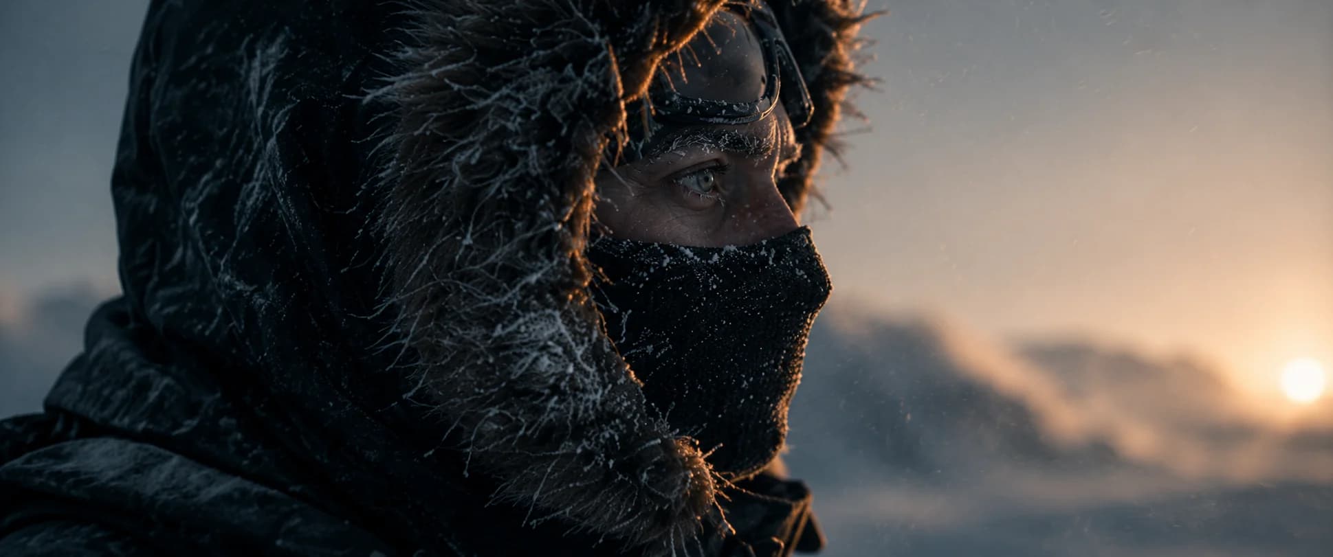 Storyboard frame — extreme close-up profile of an explorer with snow goggles raised and ice clinging to his beard.