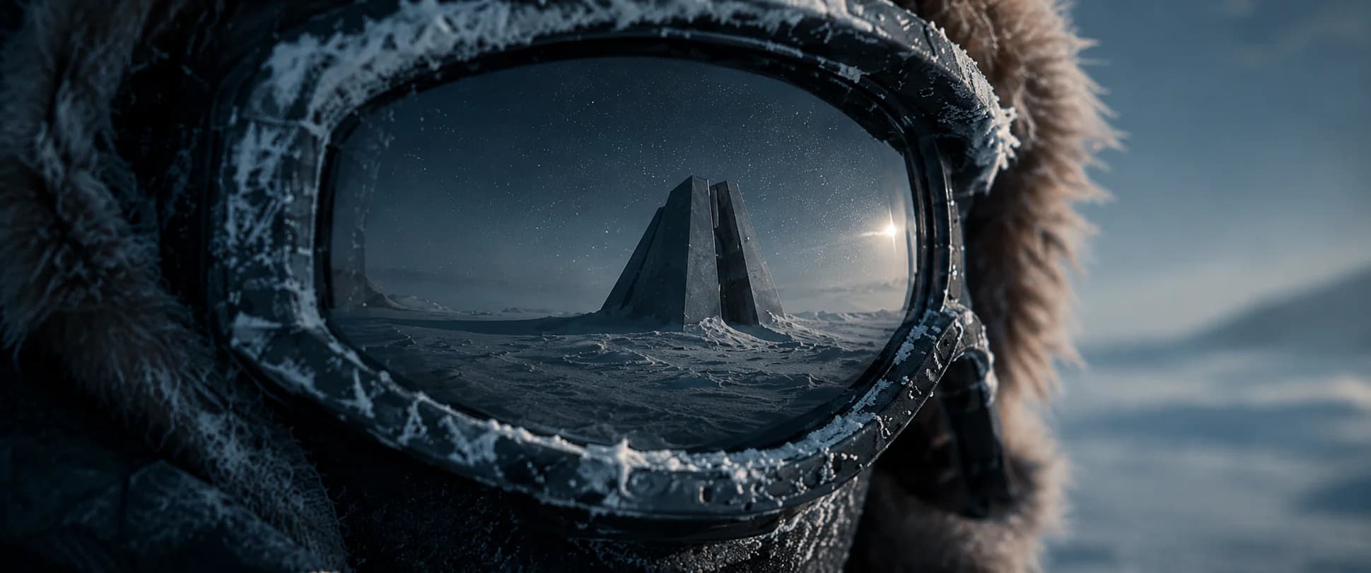 Storyboard frame — macro insert of frost-rimmed snow goggles reflecting a distant black monolith.