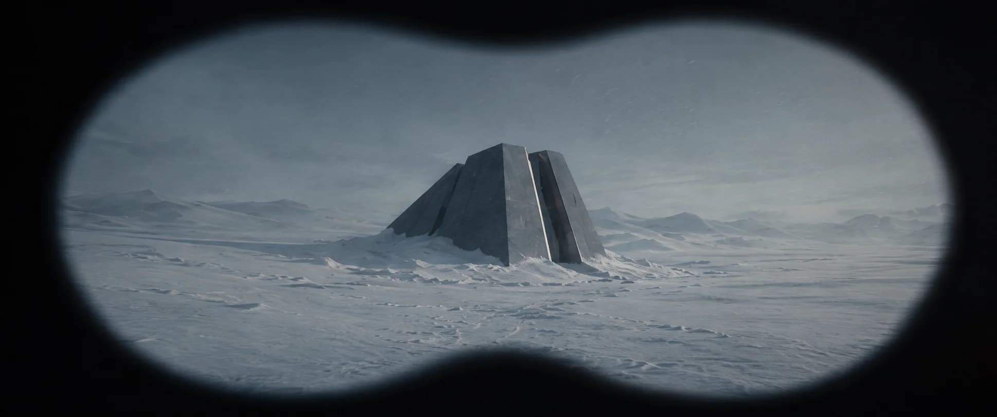 Storyboard frame — binoculars POV of a black monolith standing alone on a pale glacial basin.