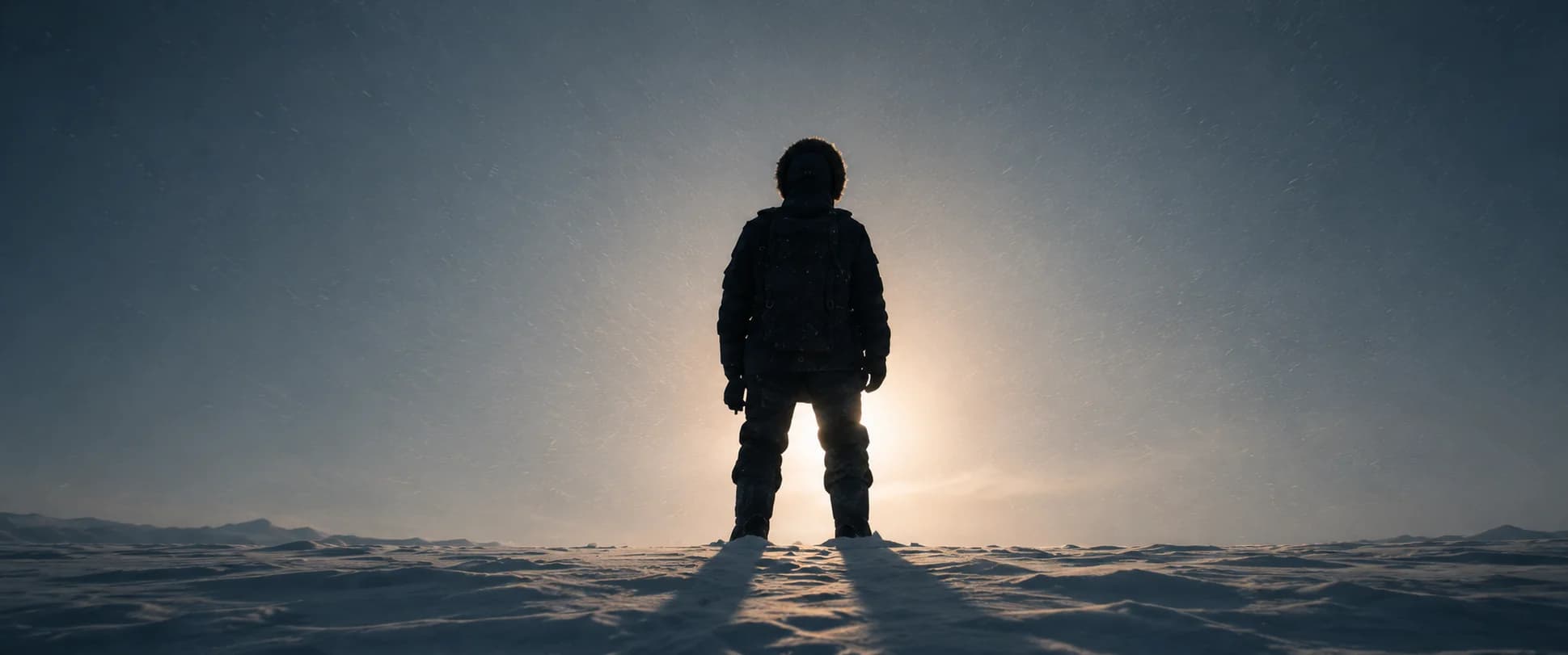 Storyboard frame — low-angle silhouette of an explorer on a snowy ridge backlit by a blinding sun.