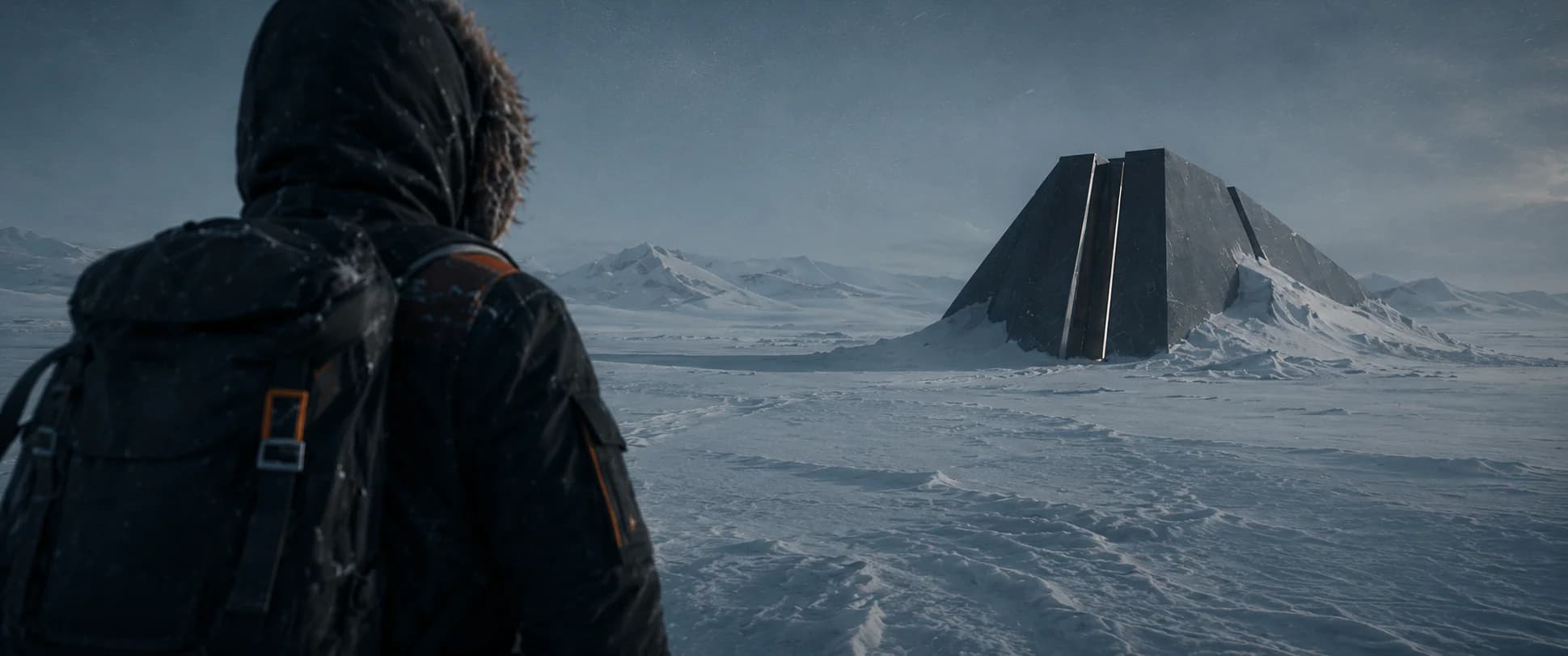 Storyboard frame — over-the-shoulder of an explorer in a backpack facing a distant black monolith across the snow.